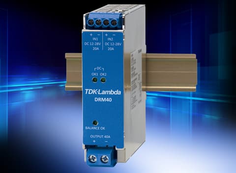 Low loss, 20A to 40A DIN rail redundancy module has load sharing balance indication