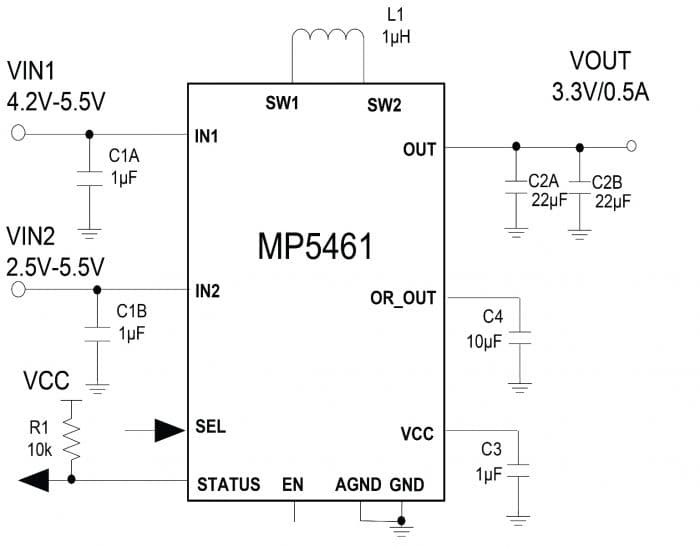 Dual Input, 4-Switch Integrated Buck-Boost Converter with Input ORing and Selection